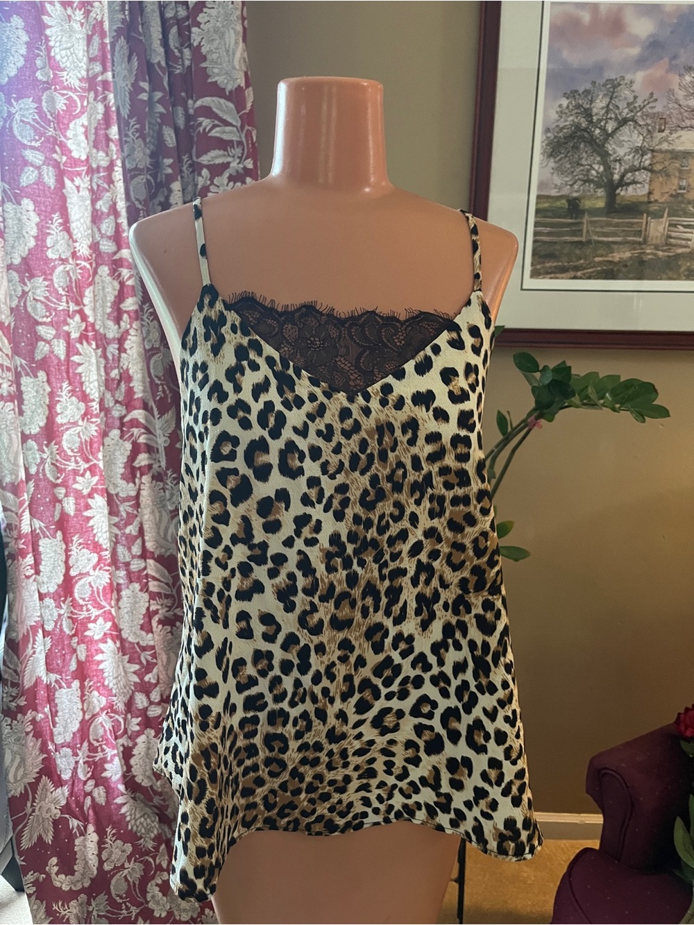 Abbeline Leopard Print Lace-Trim Cami in Black and Tan